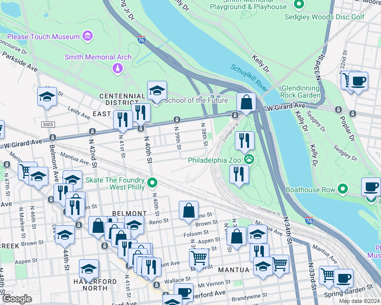 map of restaurants, bars, coffee shops, grocery stores, and more near 3848 Wyalusing Avenue in Philadelphia