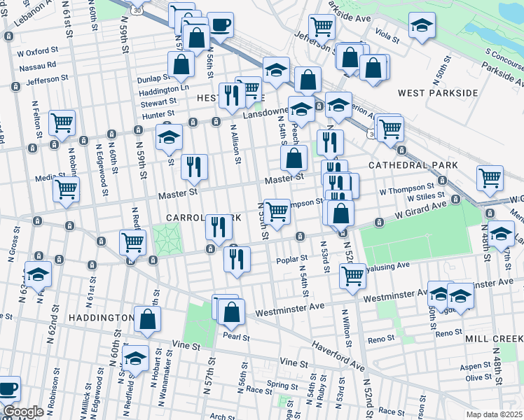 map of restaurants, bars, coffee shops, grocery stores, and more near North 55th Street & West Thompson Street in Philadelphia