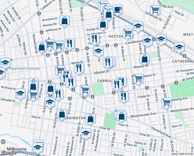 map of restaurants, bars, coffee shops, grocery stores, and more near 1326 North Wanamaker Street in Philadelphia