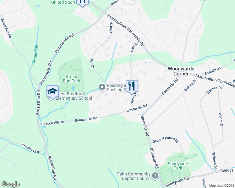 map of restaurants, bars, coffee shops, grocery stores, and more near 1403 Witherspoon Drive in Downingtown