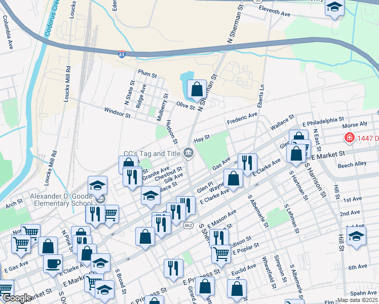 map of restaurants, bars, coffee shops, grocery stores, and more near 275 North Sherman Street in York