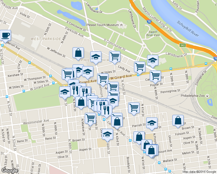 map of restaurants, bars, coffee shops, grocery stores, and more near 4283 Mantua Avenue in Philadelphia