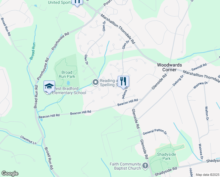map of restaurants, bars, coffee shops, grocery stores, and more near 1403 Witherspoon Drive in Downingtown