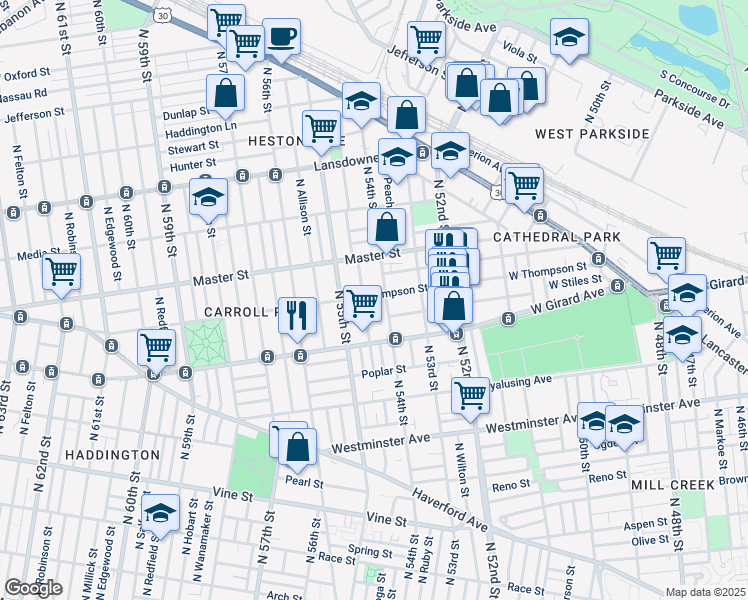 map of restaurants, bars, coffee shops, grocery stores, and more near 5404 West Thompson Street in Philadelphia