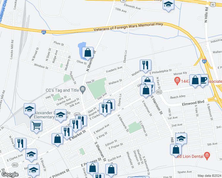 map of restaurants, bars, coffee shops, grocery stores, and more near 123 North Albemarle Street in York