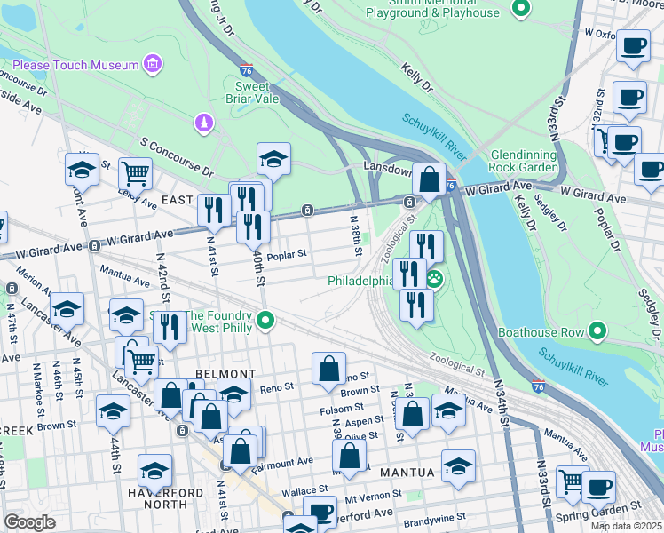 map of restaurants, bars, coffee shops, grocery stores, and more near 3848 Wyalusing Avenue in Philadelphia