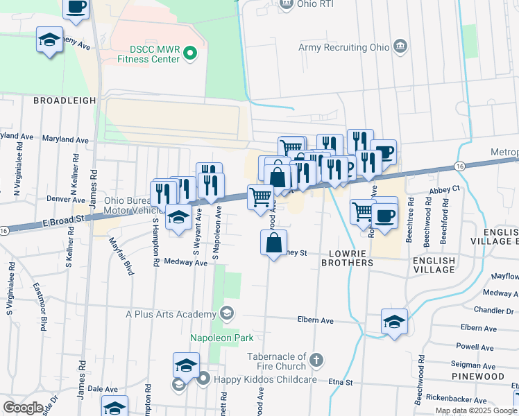 map of restaurants, bars, coffee shops, grocery stores, and more near 3675 East Broad Street in Columbus