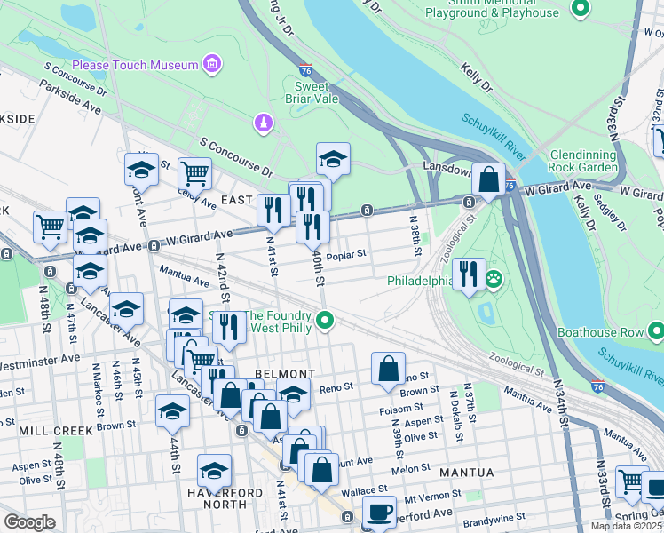 map of restaurants, bars, coffee shops, grocery stores, and more near 3975 Wyalusing Avenue in Philadelphia