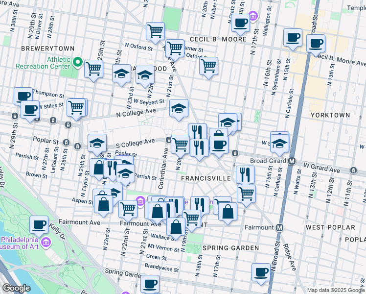 map of restaurants, bars, coffee shops, grocery stores, and more near 1938 West Girard Avenue in Philadelphia