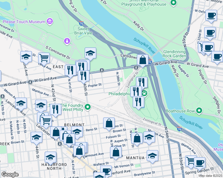 map of restaurants, bars, coffee shops, grocery stores, and more near 3840 Wyalusing Avenue in Philadelphia