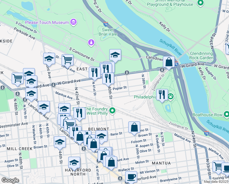 map of restaurants, bars, coffee shops, grocery stores, and more near 3975 Wyalusing Avenue in Philadelphia