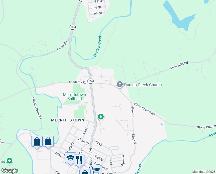 map of restaurants, bars, coffee shops, grocery stores, and more near 230 Stone Church Road in Brownsville