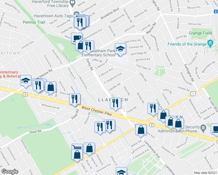 map of restaurants, bars, coffee shops, grocery stores, and more near 8 Llandillo Road in Havertown