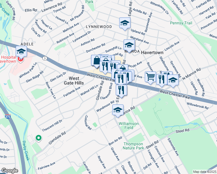 map of restaurants, bars, coffee shops, grocery stores, and more near 14 Claremont Boulevard in Havertown
