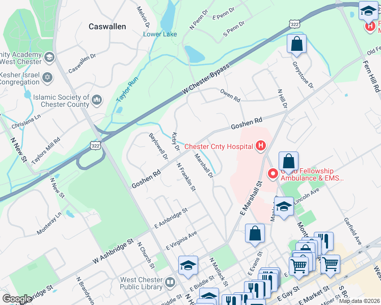 map of restaurants, bars, coffee shops, grocery stores, and more near 308 Goshen Road in West Chester