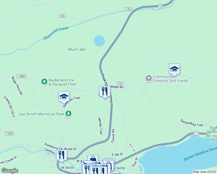 map of restaurants, bars, coffee shops, grocery stores, and more near 3 Ridge Road in Nederland