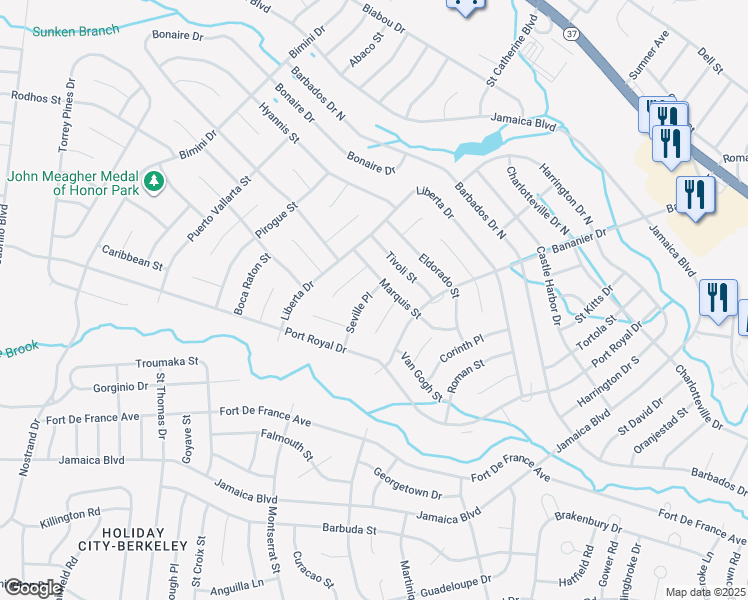 map of restaurants, bars, coffee shops, grocery stores, and more near 15 Seville Place in Toms River
