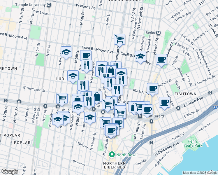 map of restaurants, bars, coffee shops, grocery stores, and more near 1345 Germantown Avenue in Philadelphia