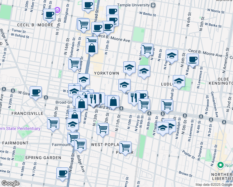 map of restaurants, bars, coffee shops, grocery stores, and more near 1117 Custis Place in Philadelphia