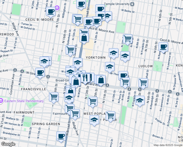 map of restaurants, bars, coffee shops, grocery stores, and more near 1236 Patrick Henry Place in Philadelphia