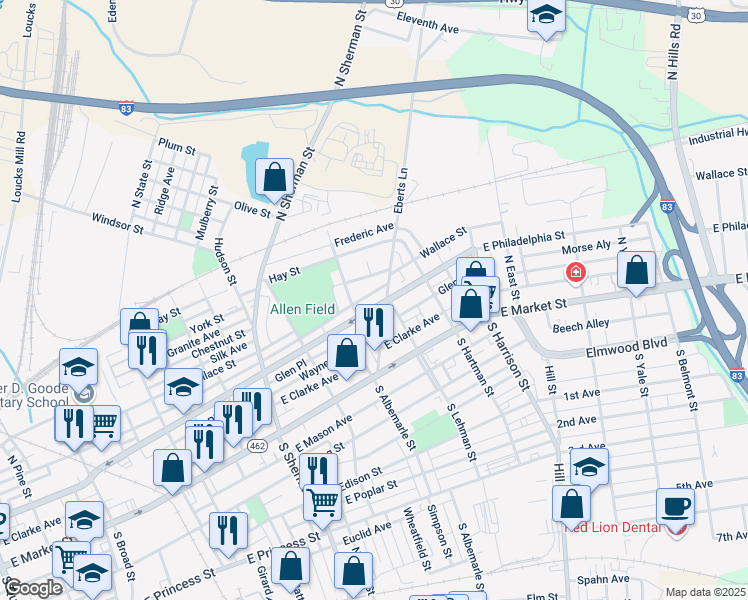 map of restaurants, bars, coffee shops, grocery stores, and more near 1002 State Route 462 in York