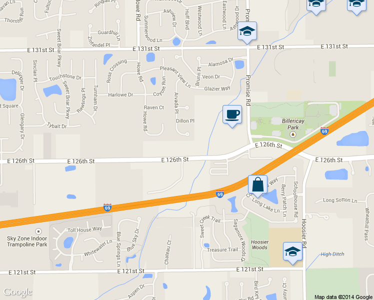 map of restaurants, bars, coffee shops, grocery stores, and more near 10550 East 126th Street in Fishers