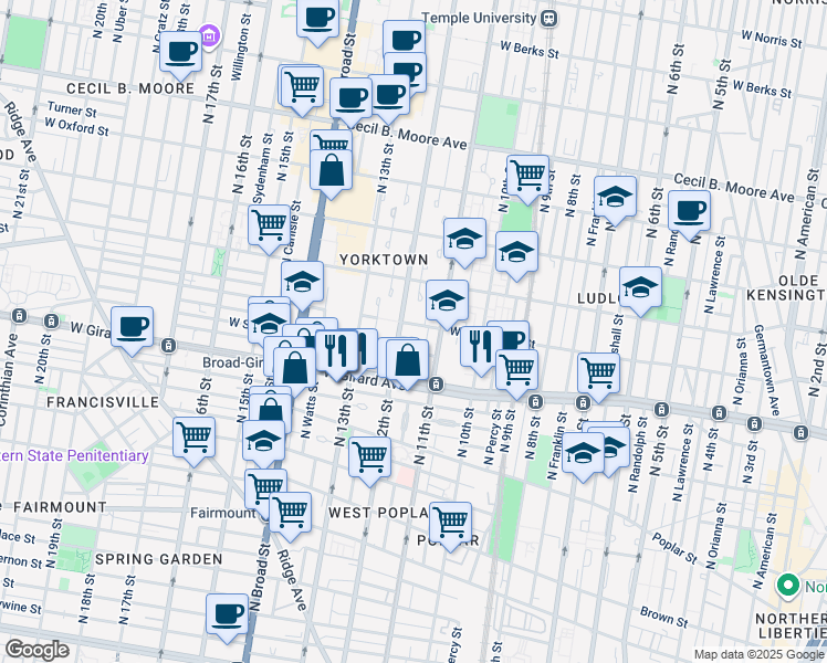 map of restaurants, bars, coffee shops, grocery stores, and more near 1123 Custis Place in Philadelphia