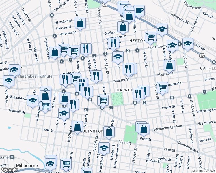 map of restaurants, bars, coffee shops, grocery stores, and more near 1332 North 59th Street in Philadelphia