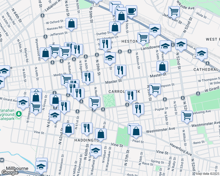 map of restaurants, bars, coffee shops, grocery stores, and more near 5825 West Thompson Street in Philadelphia