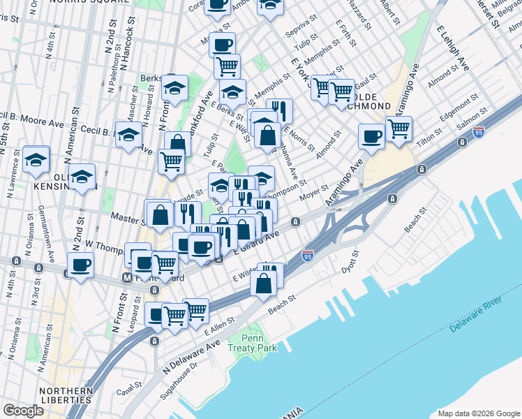 map of restaurants, bars, coffee shops, grocery stores, and more near in Philadelphia
