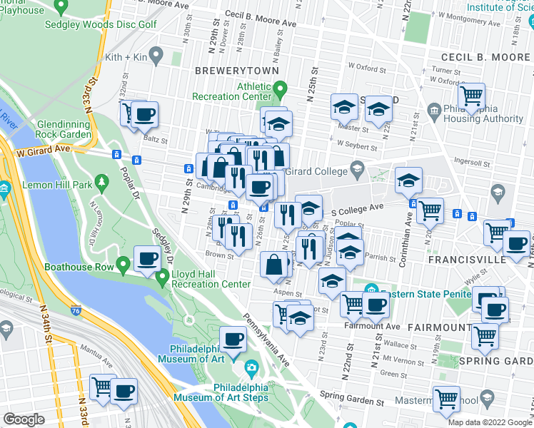 map of restaurants, bars, coffee shops, grocery stores, and more near 871 North 26th Street in Philadelphia
