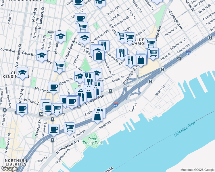 map of restaurants, bars, coffee shops, grocery stores, and more near in Philadelphia