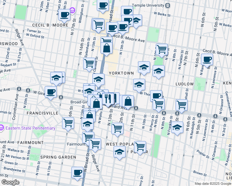 map of restaurants, bars, coffee shops, grocery stores, and more near 1236 Patrick Henry Place in Philadelphia