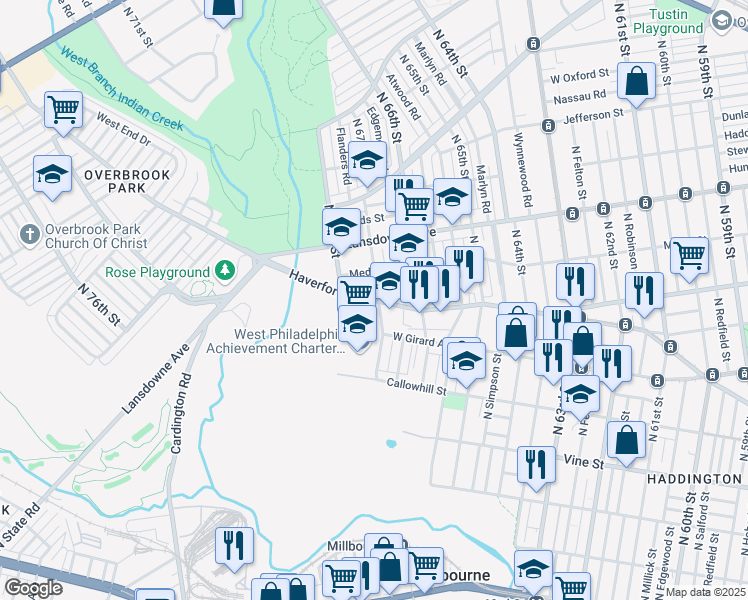 map of restaurants, bars, coffee shops, grocery stores, and more near 6710 Haverford Avenue in Philadelphia