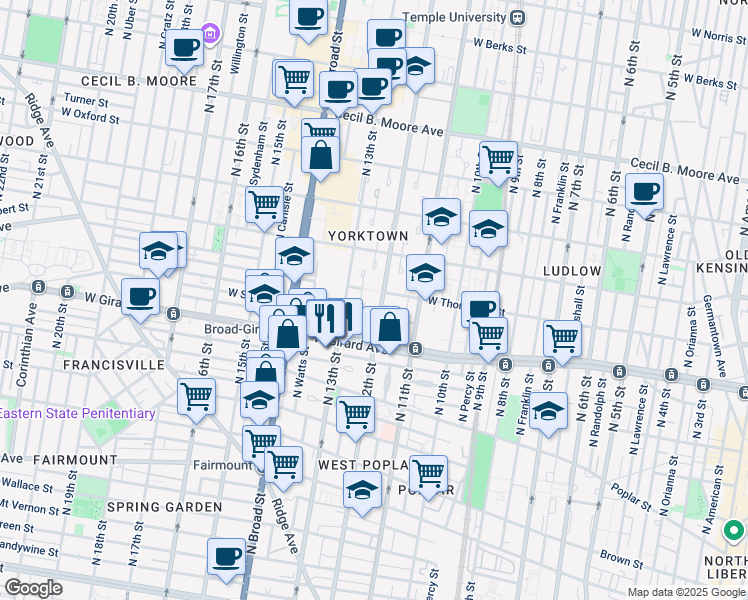 map of restaurants, bars, coffee shops, grocery stores, and more near 1242 North 12th Street in Philadelphia