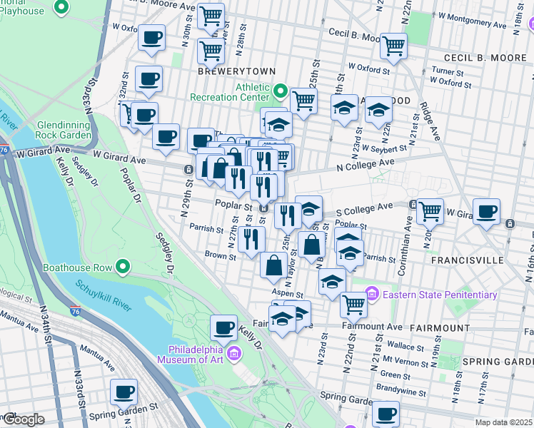map of restaurants, bars, coffee shops, grocery stores, and more near 871 North 26th Street in Philadelphia