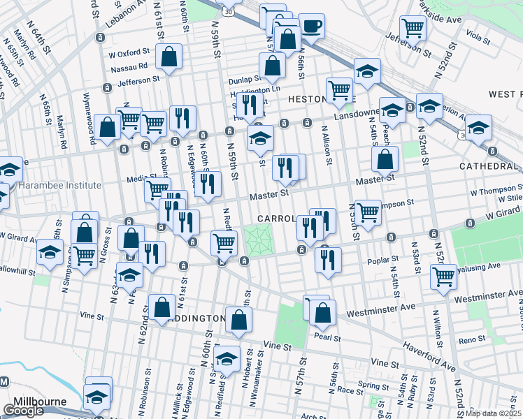 map of restaurants, bars, coffee shops, grocery stores, and more near 1327 North Wanamaker Street in Philadelphia