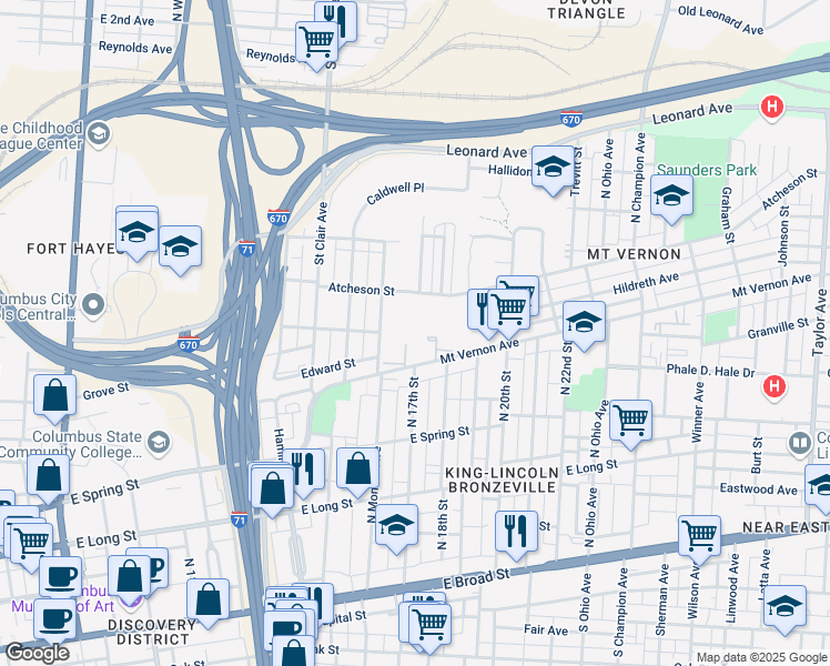 map of restaurants, bars, coffee shops, grocery stores, and more near 945 Atcheson Street in Columbus