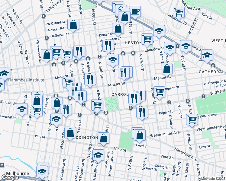 map of restaurants, bars, coffee shops, grocery stores, and more near 1327 North Wanamaker Street in Philadelphia