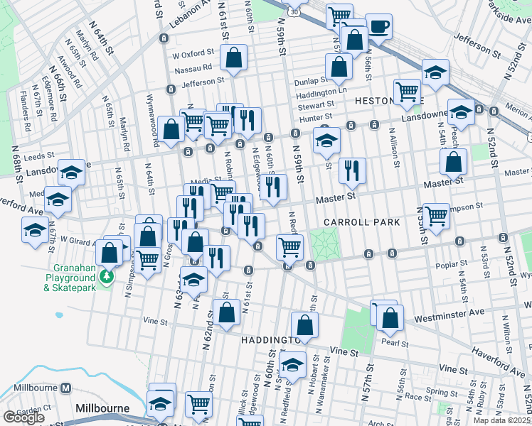 map of restaurants, bars, coffee shops, grocery stores, and more near 6014 Kershaw Street in Philadelphia