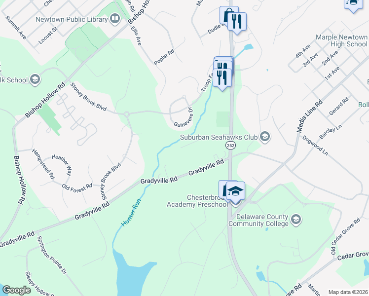 map of restaurants, bars, coffee shops, grocery stores, and more near 144 Camelot Lane in Newtown Square