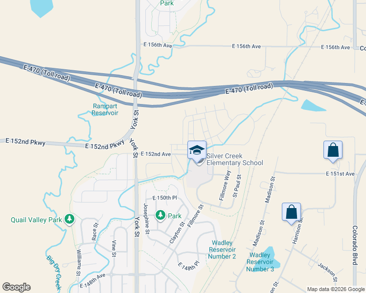 map of restaurants, bars, coffee shops, grocery stores, and more near 15101 Fillmore Street in Thornton