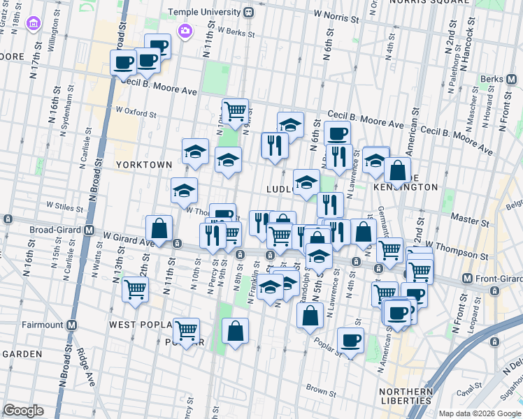 map of restaurants, bars, coffee shops, grocery stores, and more near 1301 North Franklin Street in Philadelphia