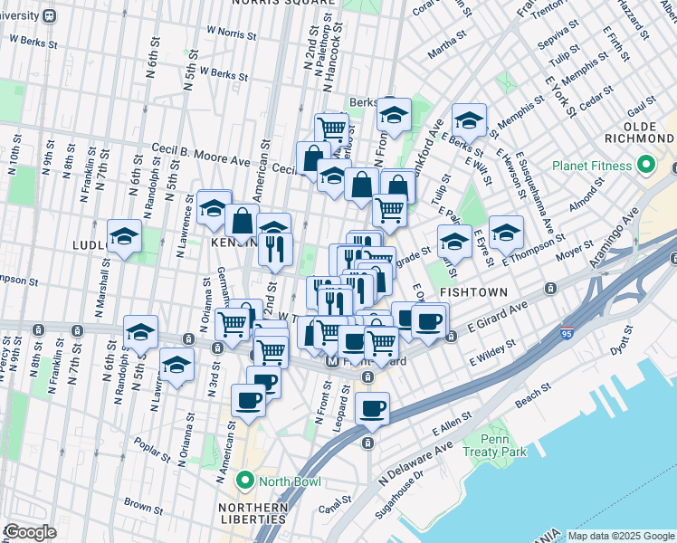 map of restaurants, bars, coffee shops, grocery stores, and more near 1440 Hope Street in Philadelphia