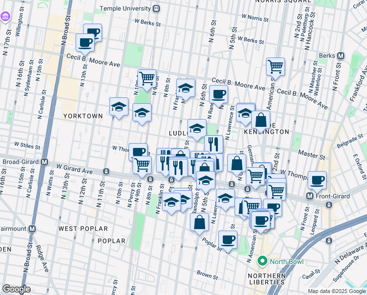 map of restaurants, bars, coffee shops, grocery stores, and more near 1328 North Marshall Street in Philadelphia