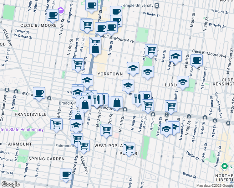 map of restaurants, bars, coffee shops, grocery stores, and more near 1129 Custis Place in Philadelphia