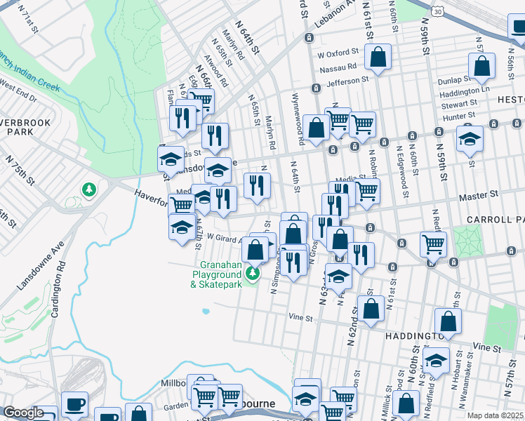 map of restaurants, bars, coffee shops, grocery stores, and more near in Philadelphia