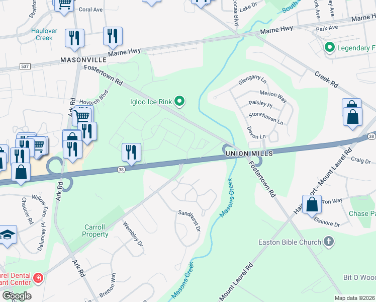 map of restaurants, bars, coffee shops, grocery stores, and more near 38 Union Mill Road in Mount Laurel Township