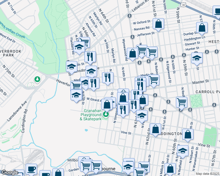 map of restaurants, bars, coffee shops, grocery stores, and more near in Philadelphia