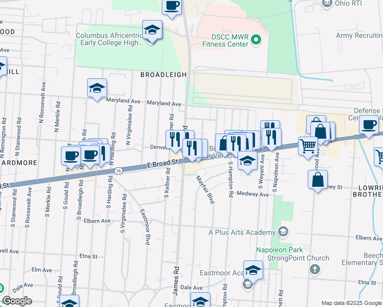 map of restaurants, bars, coffee shops, grocery stores, and more near 3304 East Broad Street in Columbus